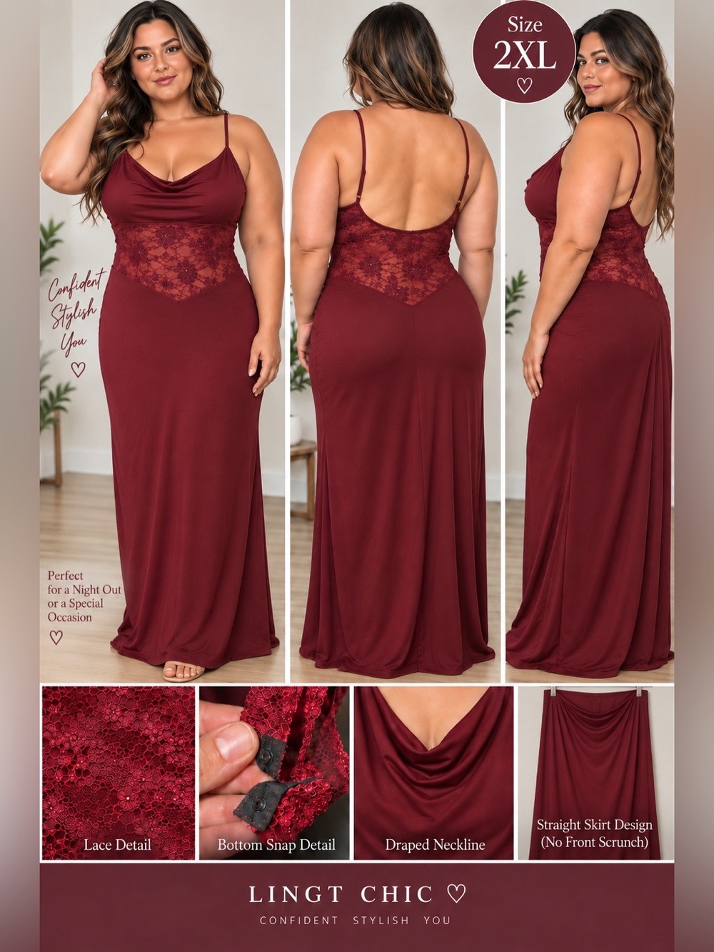 Plus-Size Burgundy Lace-Accent Maxi Dress